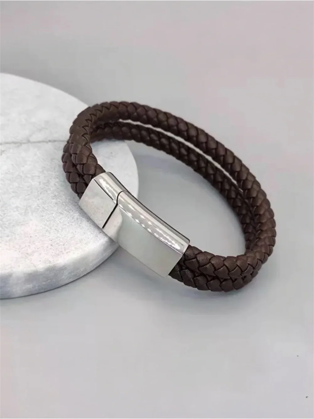 Men's Braided Leather Double Strand Bracelet with Stainless Clasp NWT